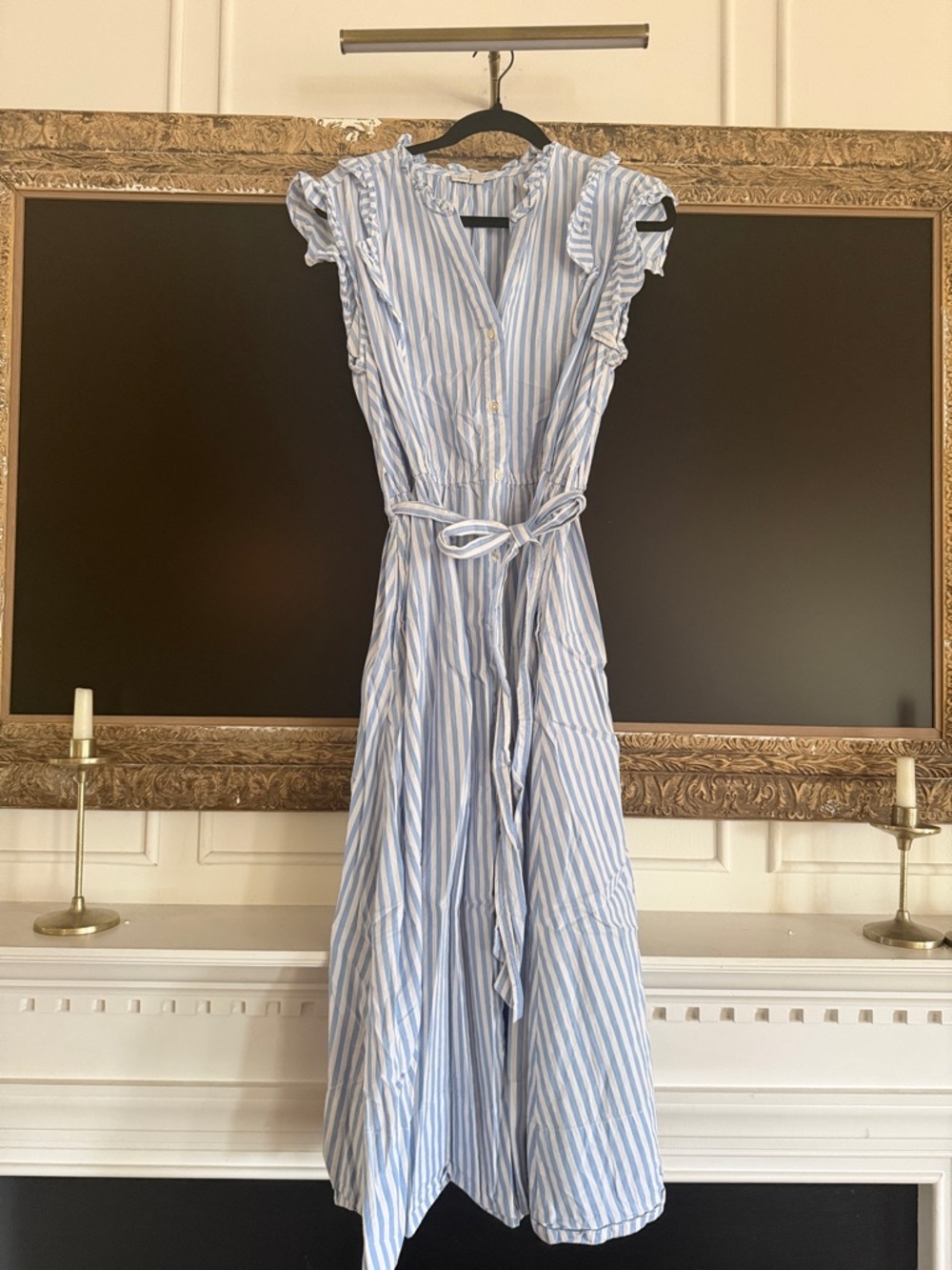 Blue and White Striped Tie-Waist Maxi Dress